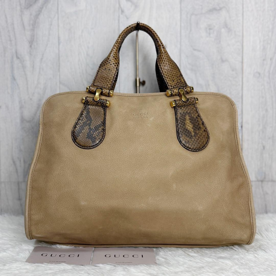 GUCCI Boston Bag Hand Bag Tote Purse Logo Suede Leather Beige Authentic