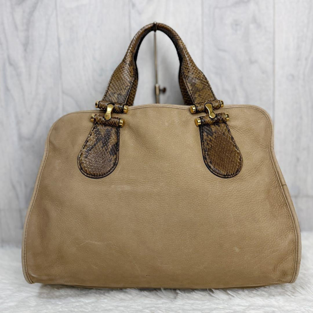 GUCCI Boston Bag Hand Bag Tote Purse Logo Suede Leather Beige Authentic