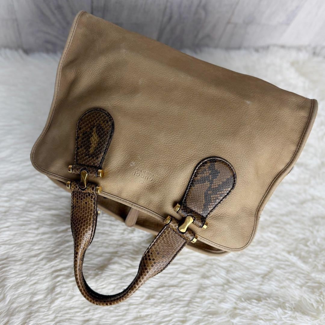 GUCCI Boston Bag Hand Bag Tote Purse Logo Suede Leather Beige Authentic