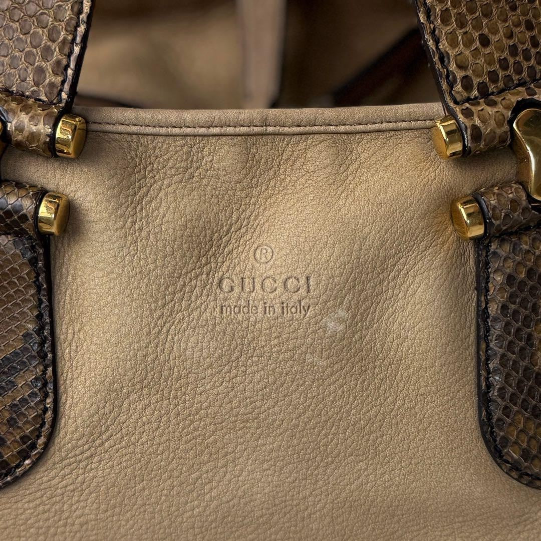 GUCCI Boston Bag Hand Bag Tote Purse Logo Suede Leather Beige Authentic