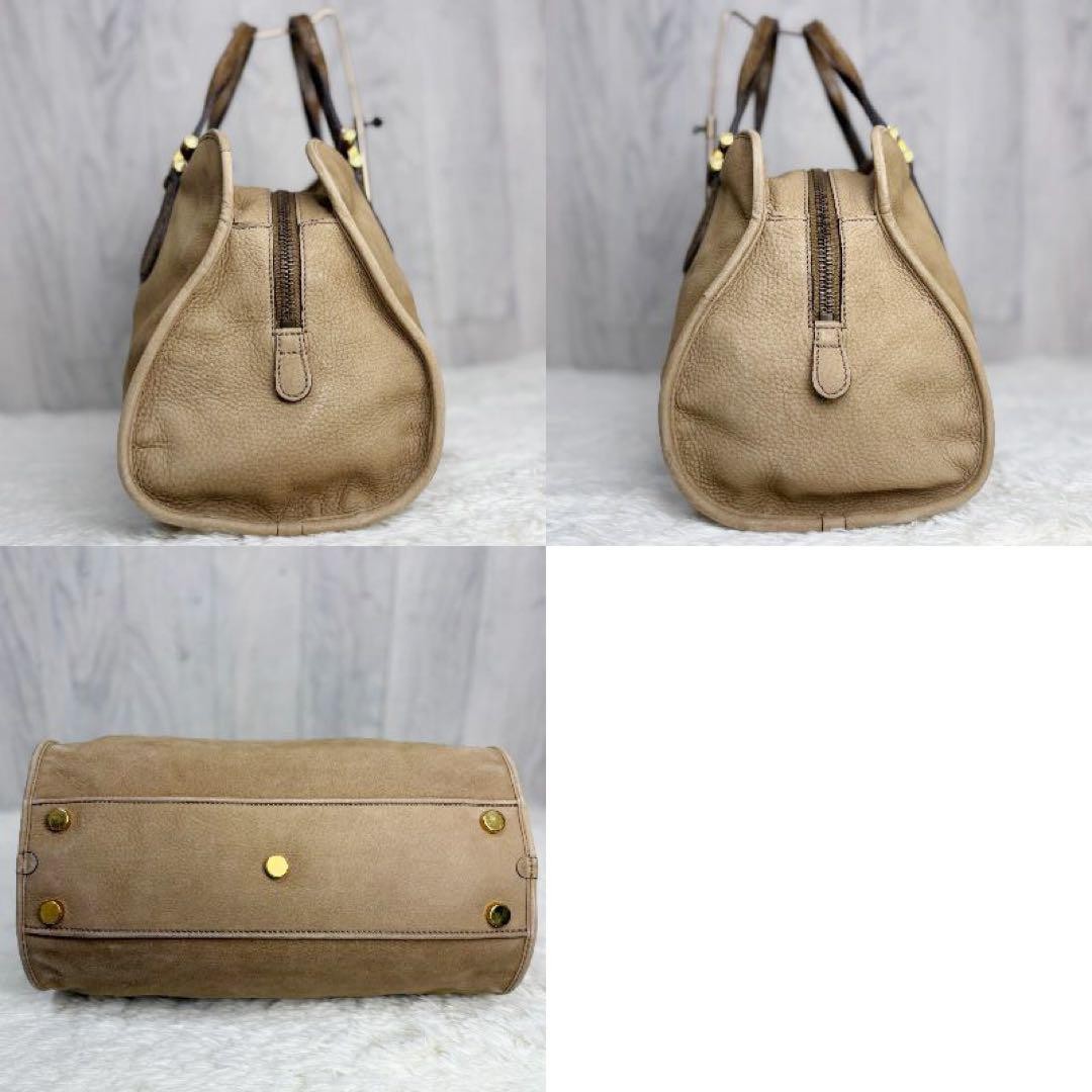 GUCCI Boston Bag Hand Bag Tote Purse Logo Suede Leather Beige Authentic