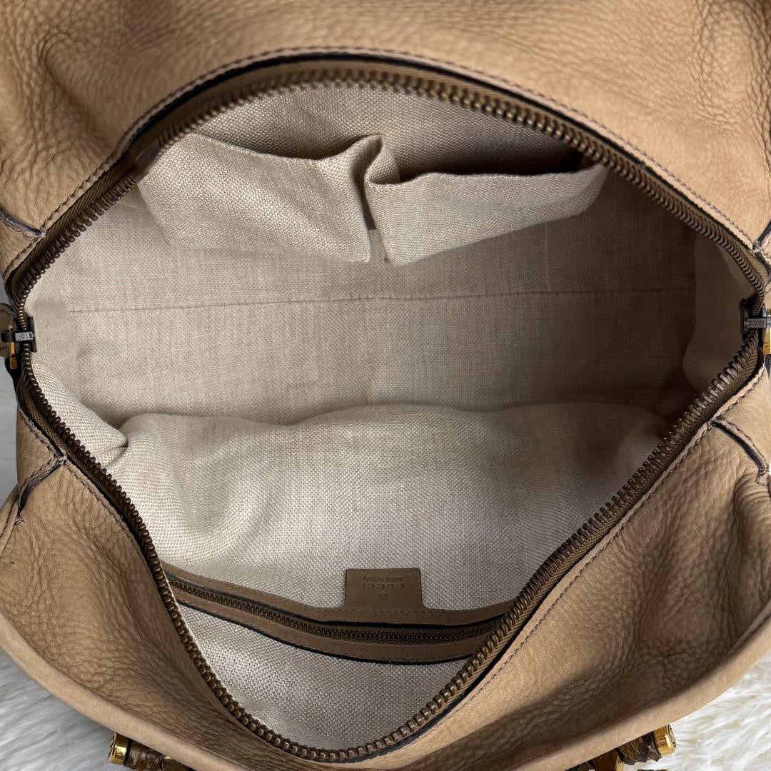 GUCCI Boston Bag Hand Bag Tote Purse Logo Suede Leather Beige Authentic