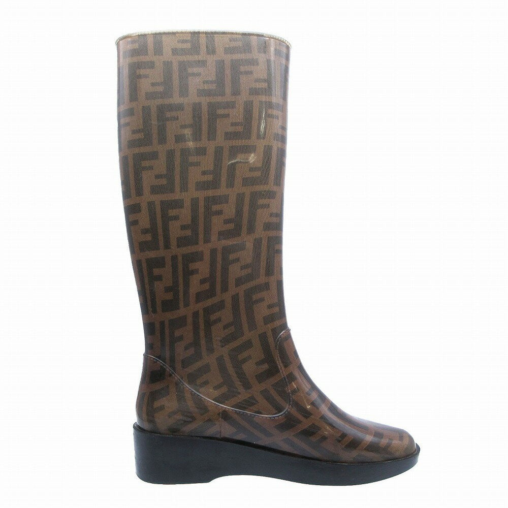 FENDI Rain Long Boots Shoes FF Zucca EU 38 US 8 Brown Authentic