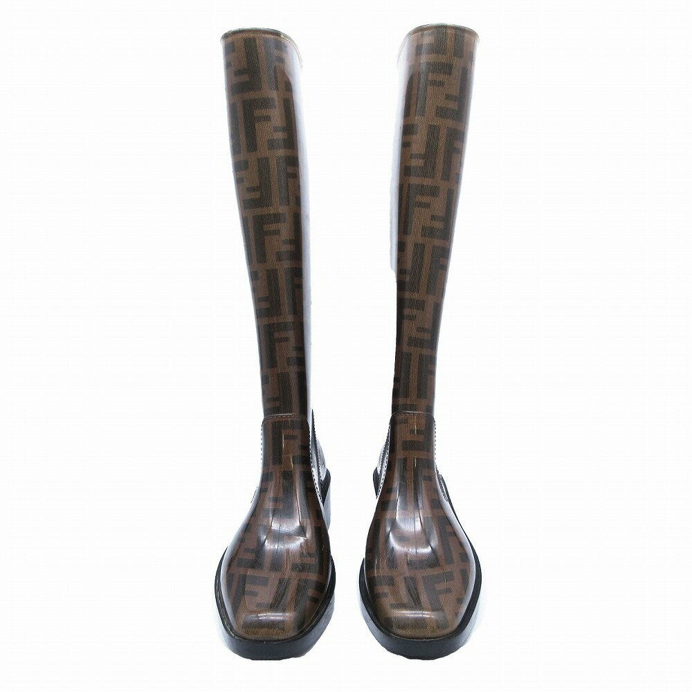 FENDI Rain Long Boots Shoes FF Zucca EU 38 US 8 Brown Authentic