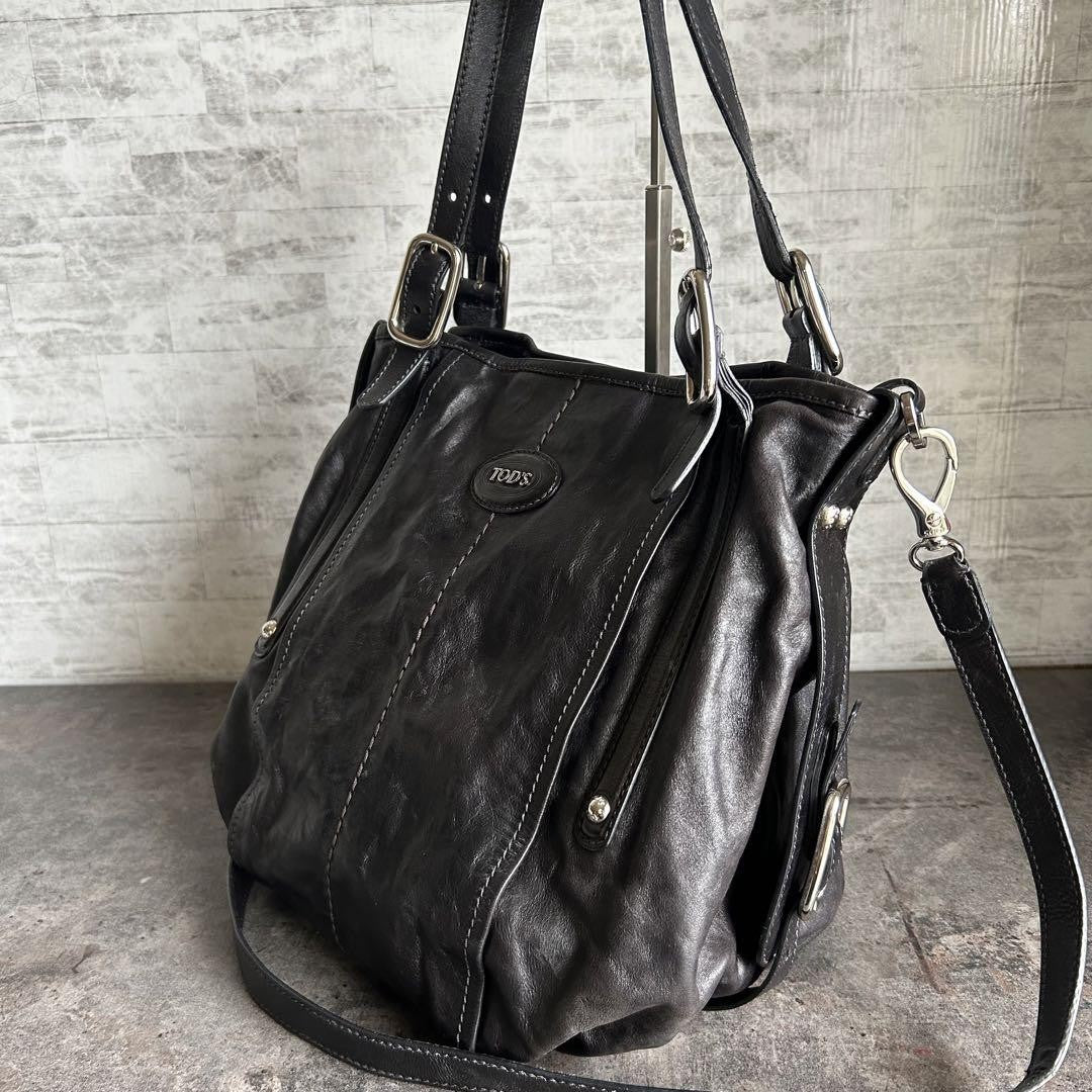 TOD'S Shoulder Bag Purse 2way Leather Black Authentic