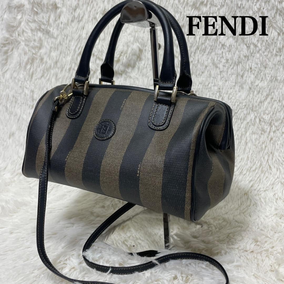 FENDI Shoulder Bag Purse 2way Pecan Leather PVC Black Khaki Authentic