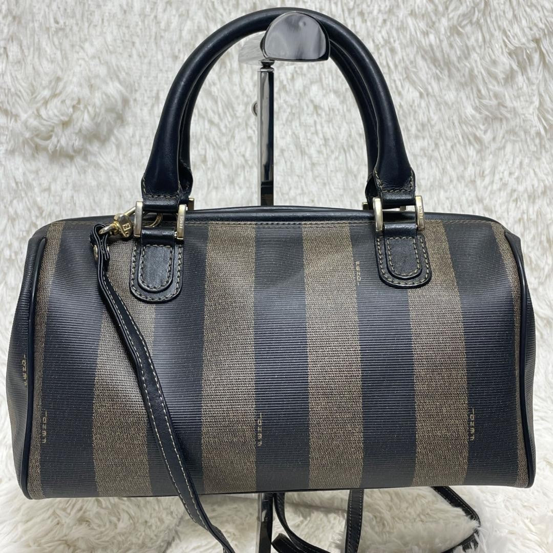 FENDI Shoulder Bag Purse 2way Pecan Leather PVC Black Khaki Authentic