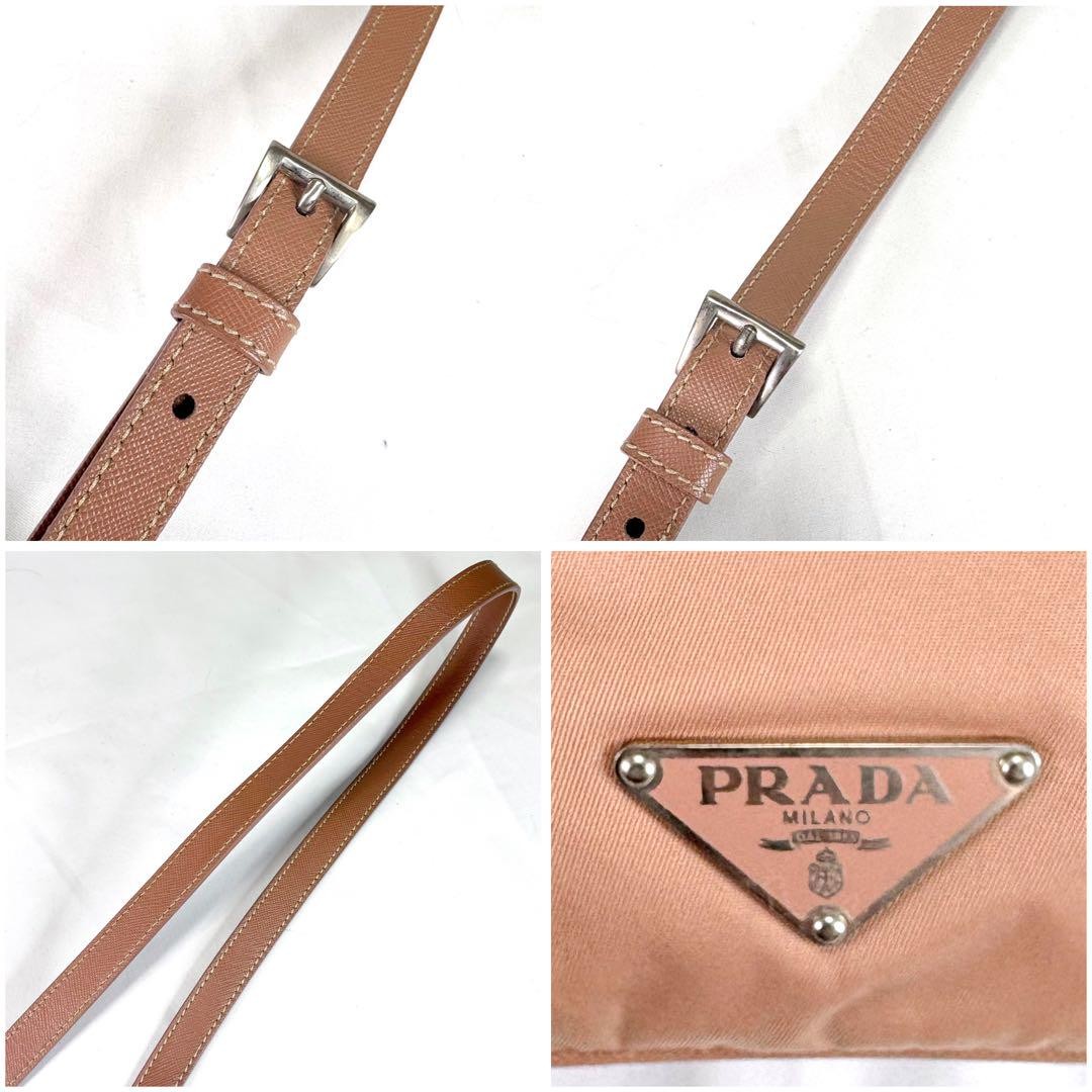 PRADA Shoulder Bag Purse Logo Nylon Leather Beige Pink Authentic