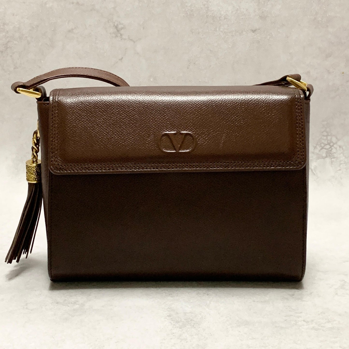 Valentino Garavani Bag Tassel Logo Shoulder Purse Leather Brown Gold Authentic
