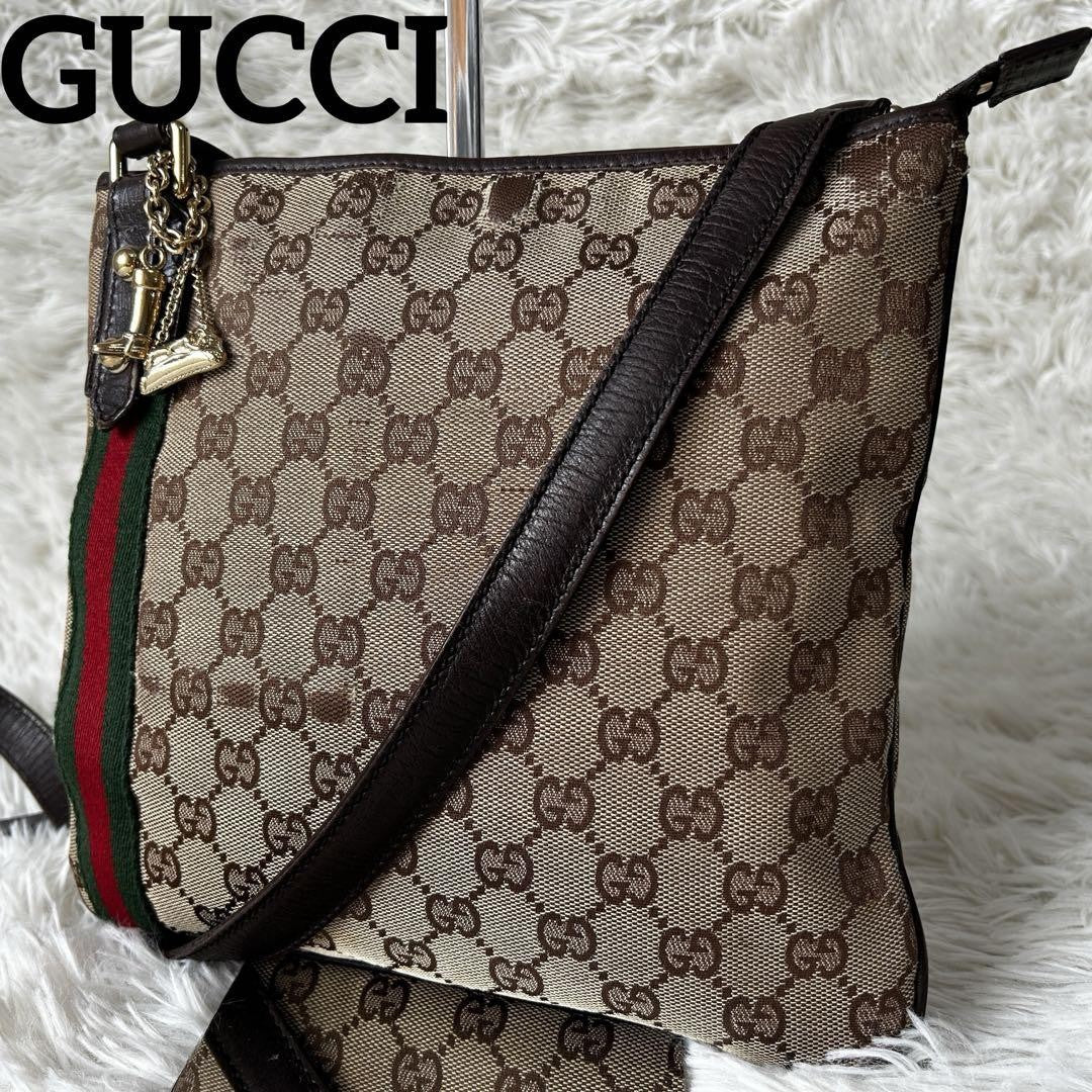 GUCCI GG Canvas Purse Sherry Sakosh with Gold Charm shoulder bag Brown Beige