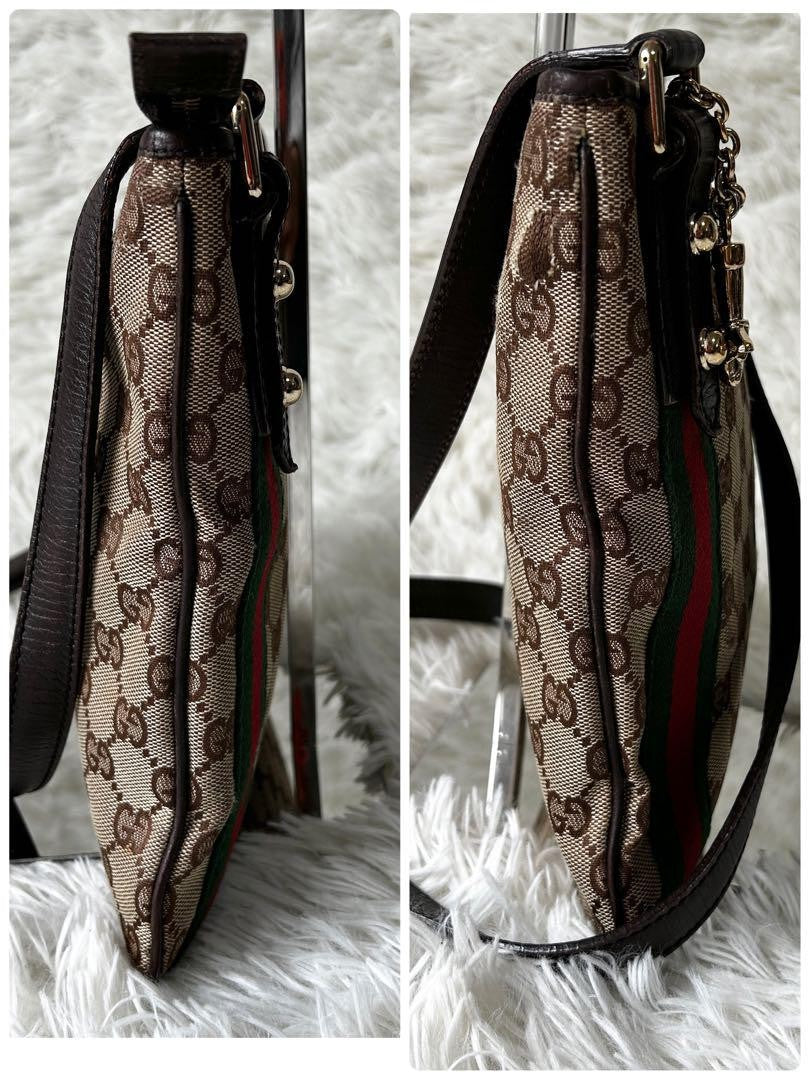GUCCI GG Canvas Purse Sherry Sakosh with Gold Charm shoulder bag Brown Beige