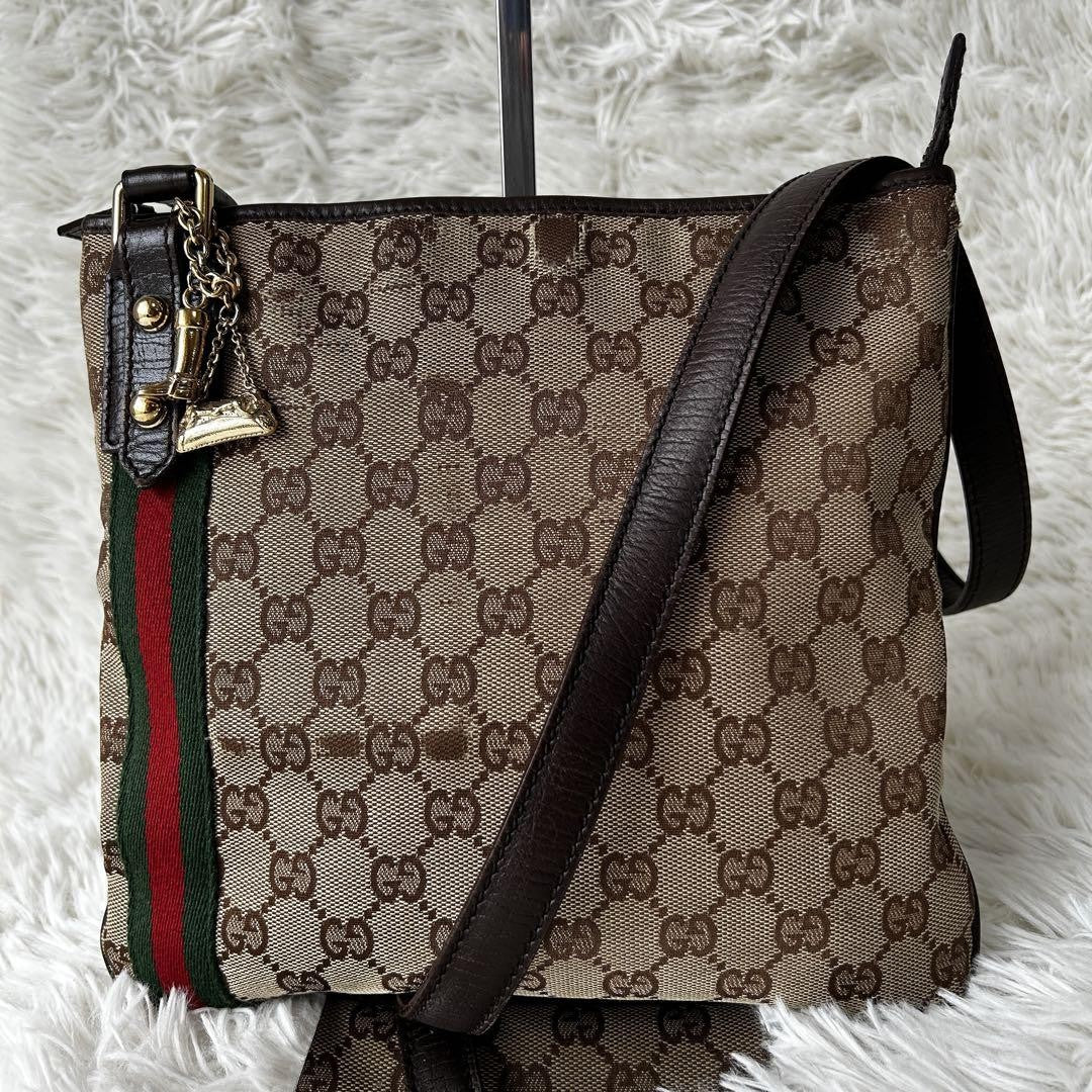 GUCCI GG Canvas Purse Sherry Sakosh with Gold Charm shoulder bag Brown Beige