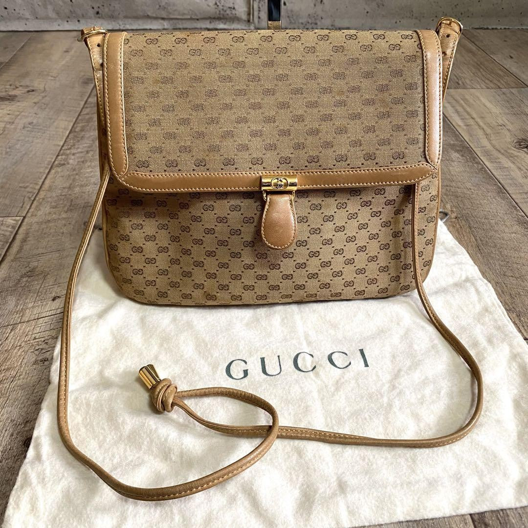GUCCI Purse Micro GG Canvas Mini Shoulder Bag Beige Gold Used Unisex Authentic