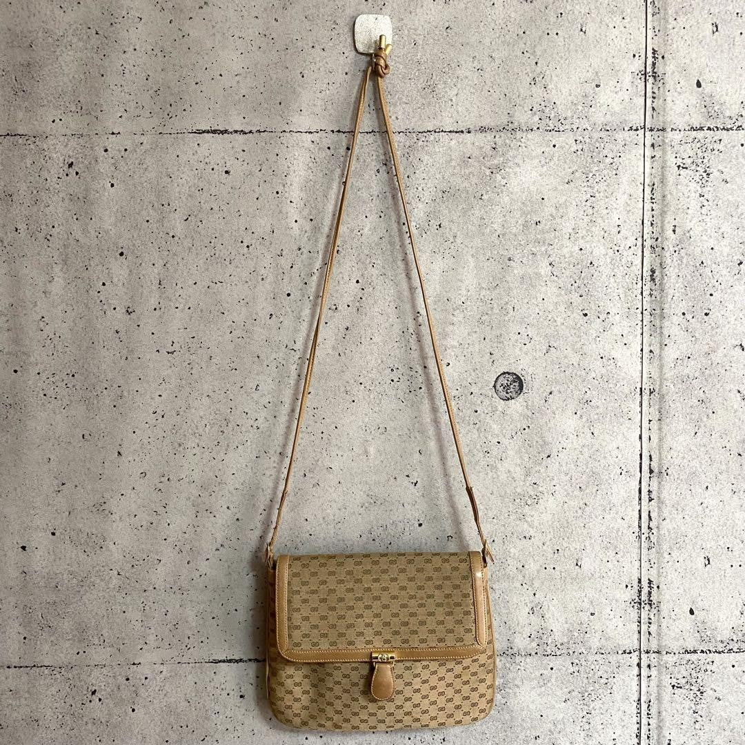 GUCCI Purse Micro GG Canvas Mini Shoulder Bag Beige Gold Used Unisex Authentic