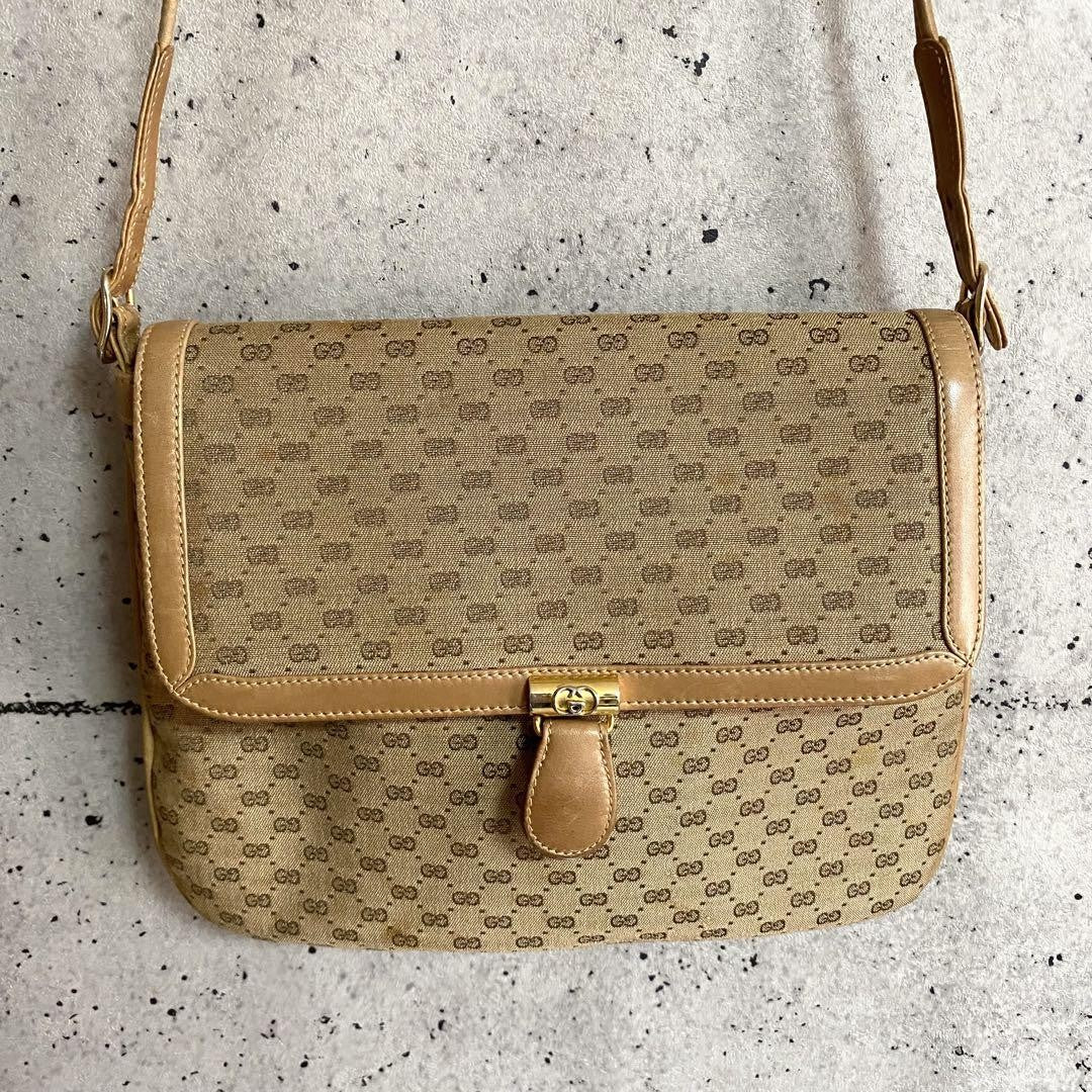 GUCCI Purse Micro GG Canvas Mini Shoulder Bag Beige Gold Used Unisex Authentic