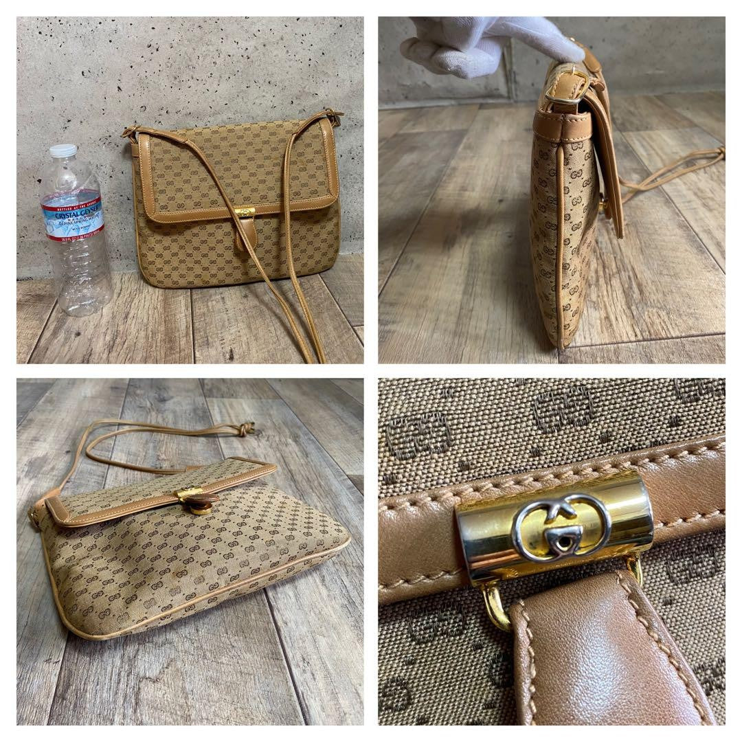 GUCCI Purse Micro GG Canvas Mini Shoulder Bag Beige Gold Used Unisex Authentic