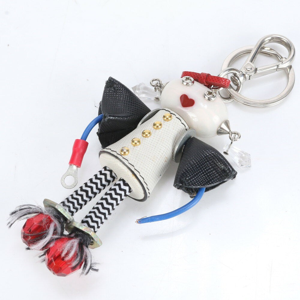 PRADA Key Ring Keychain Bag Charm Robot Leather White Black Authentic