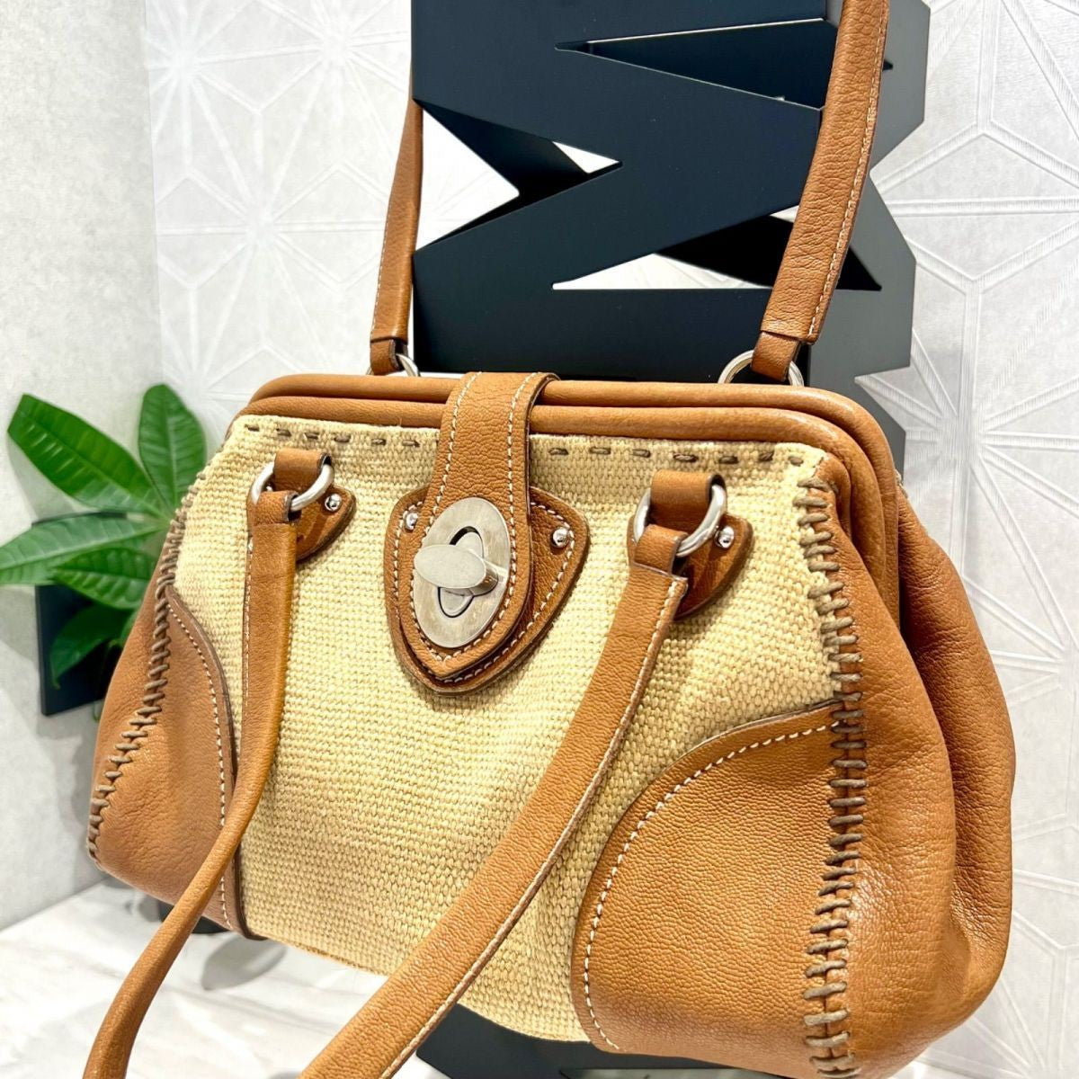 MIU MIU Hand Bag Tote Purse Logo Beige Brown Authentic