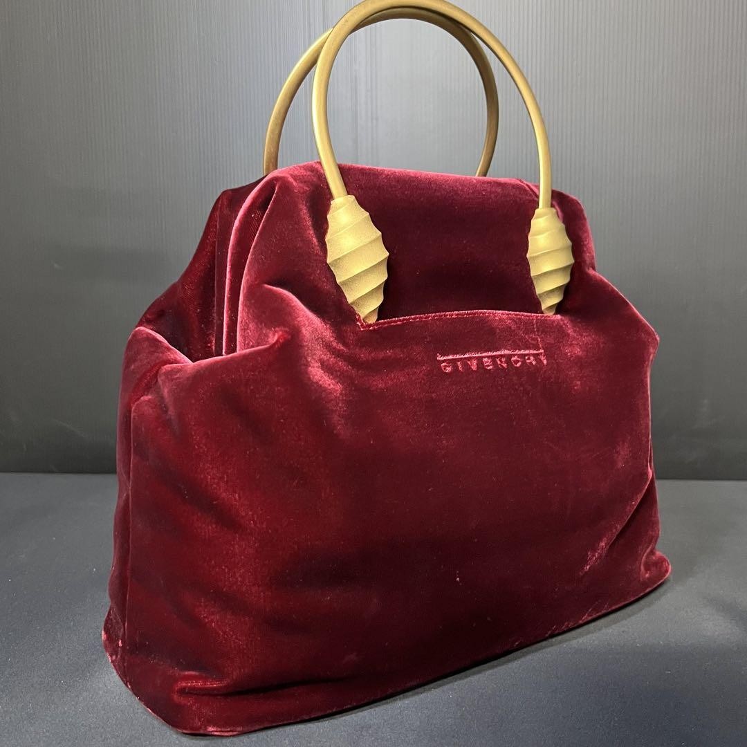 GIVENCHY Hand Bag Tote Purse Logo Velour Bordeaux Authentic