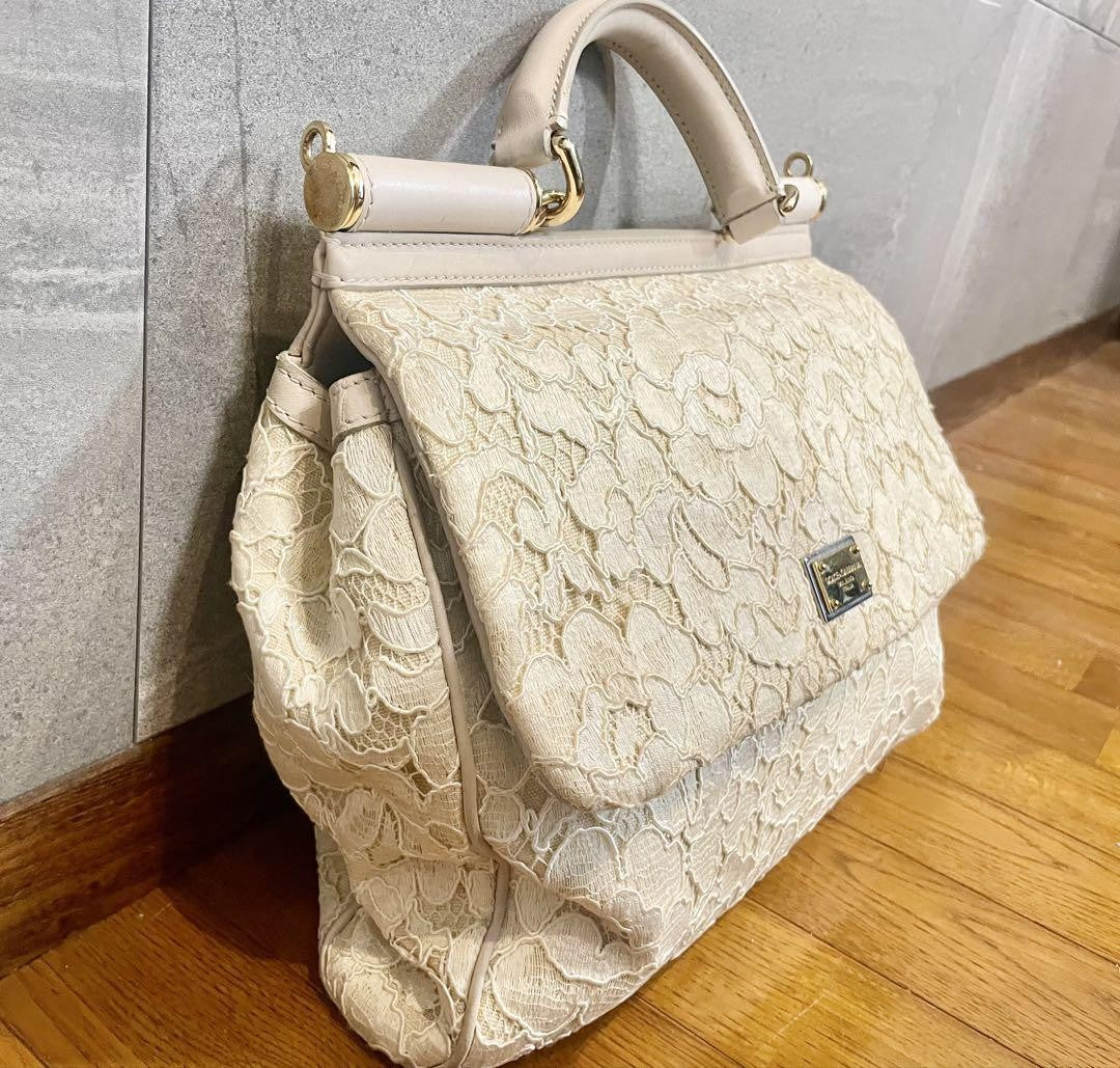 Dolce & Gabbana Hand Bag Tote Purse Leopard Leather Canvas Off White Authentic
