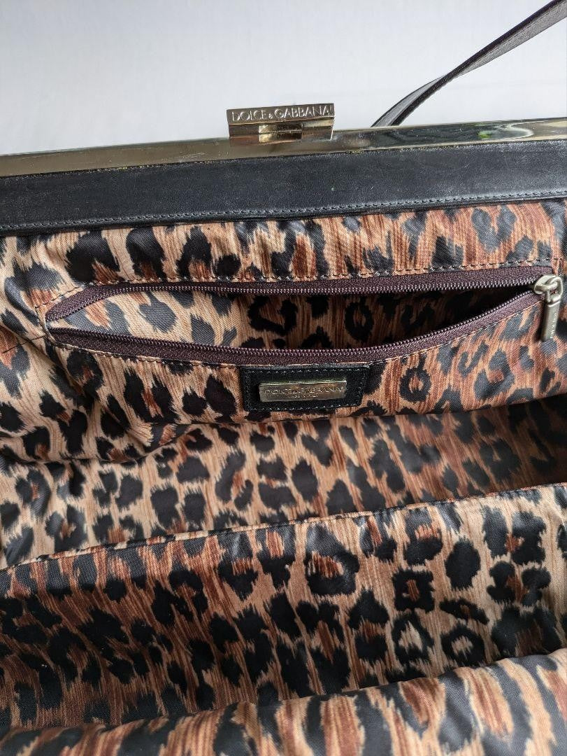 Dolce & Gabbana Hand Bag Tote Purse Leopard Patent Leather Black Authentic