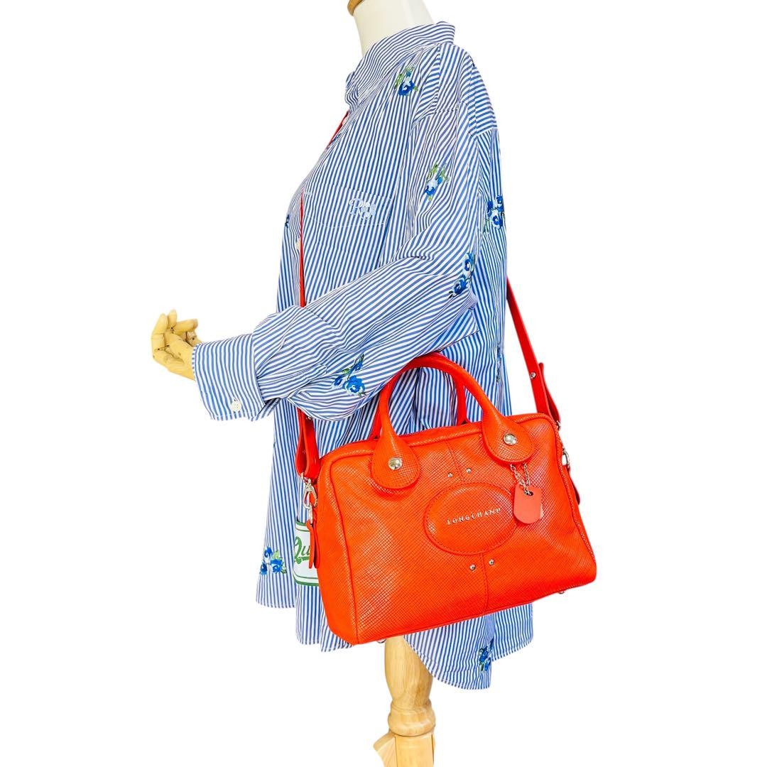 Longchamp Hand Shoulder Bag Tote Purse 2way Leather Orange Authentic