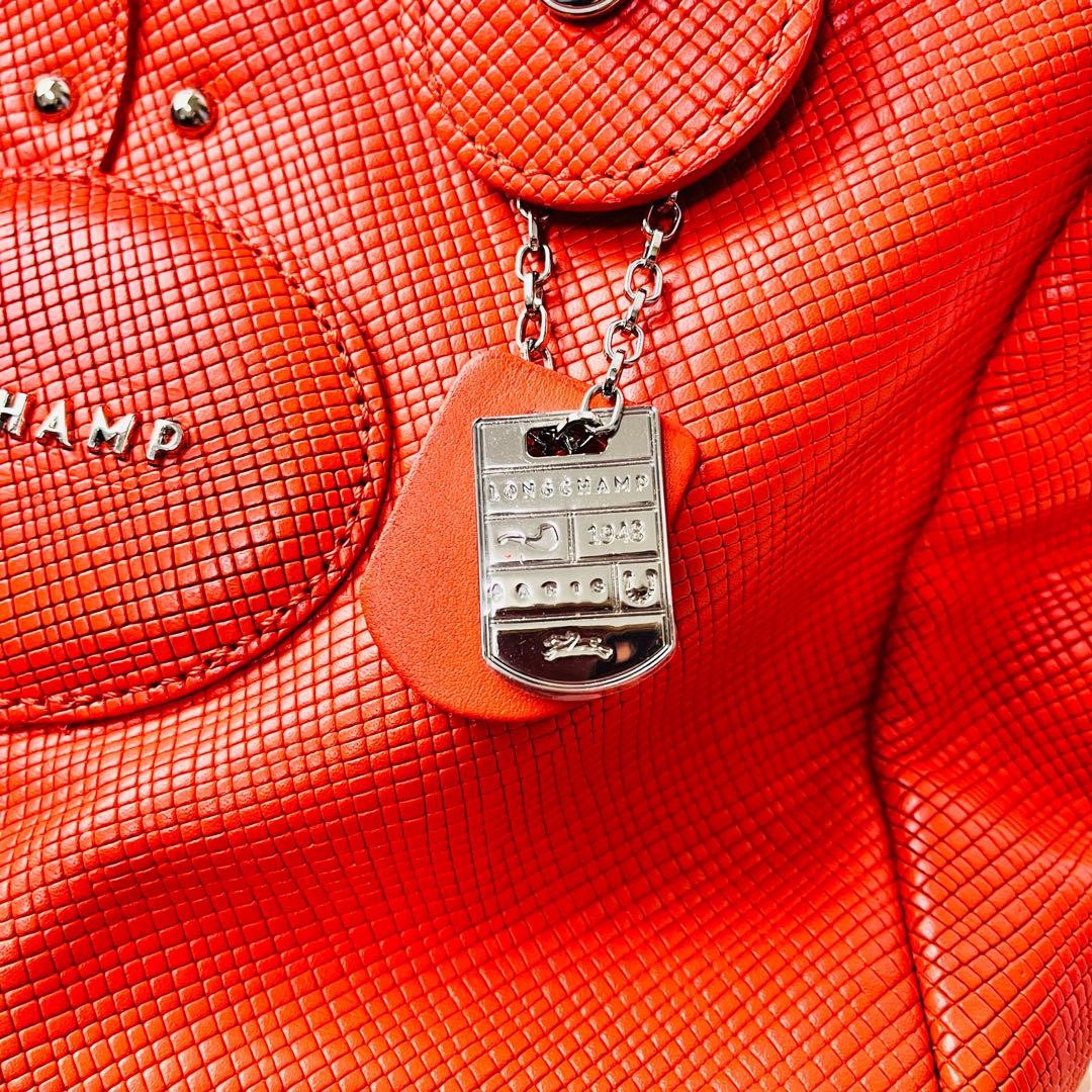 Longchamp Hand Shoulder Bag Tote Purse 2way Leather Orange Authentic