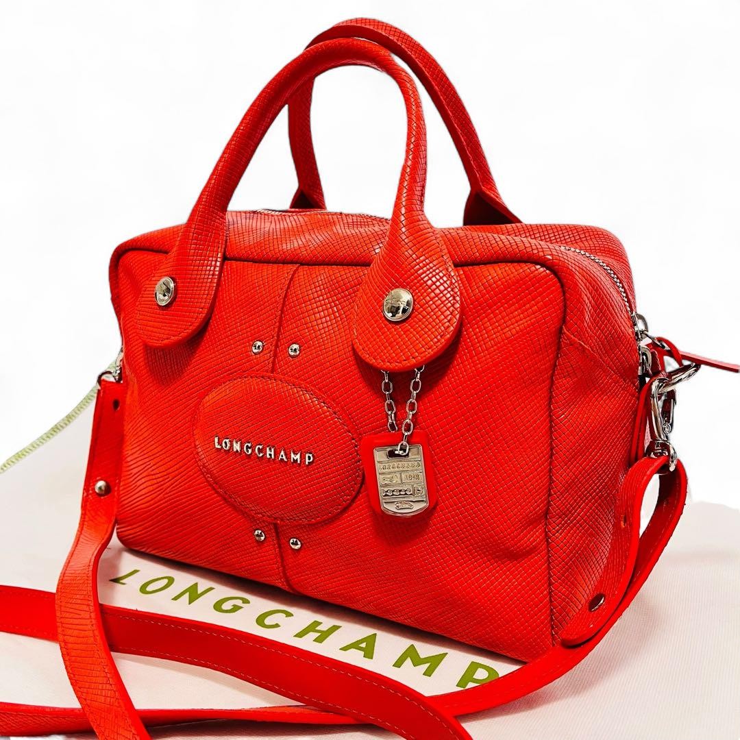 Longchamp Hand Shoulder Bag Tote Purse 2way Leather Orange Authentic