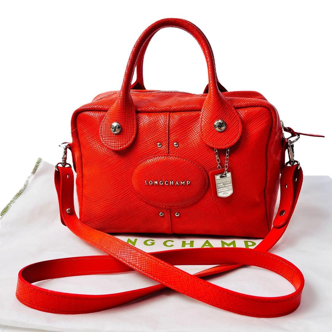 Longchamp Hand Shoulder Bag Tote Purse 2way Leather Orange Authentic