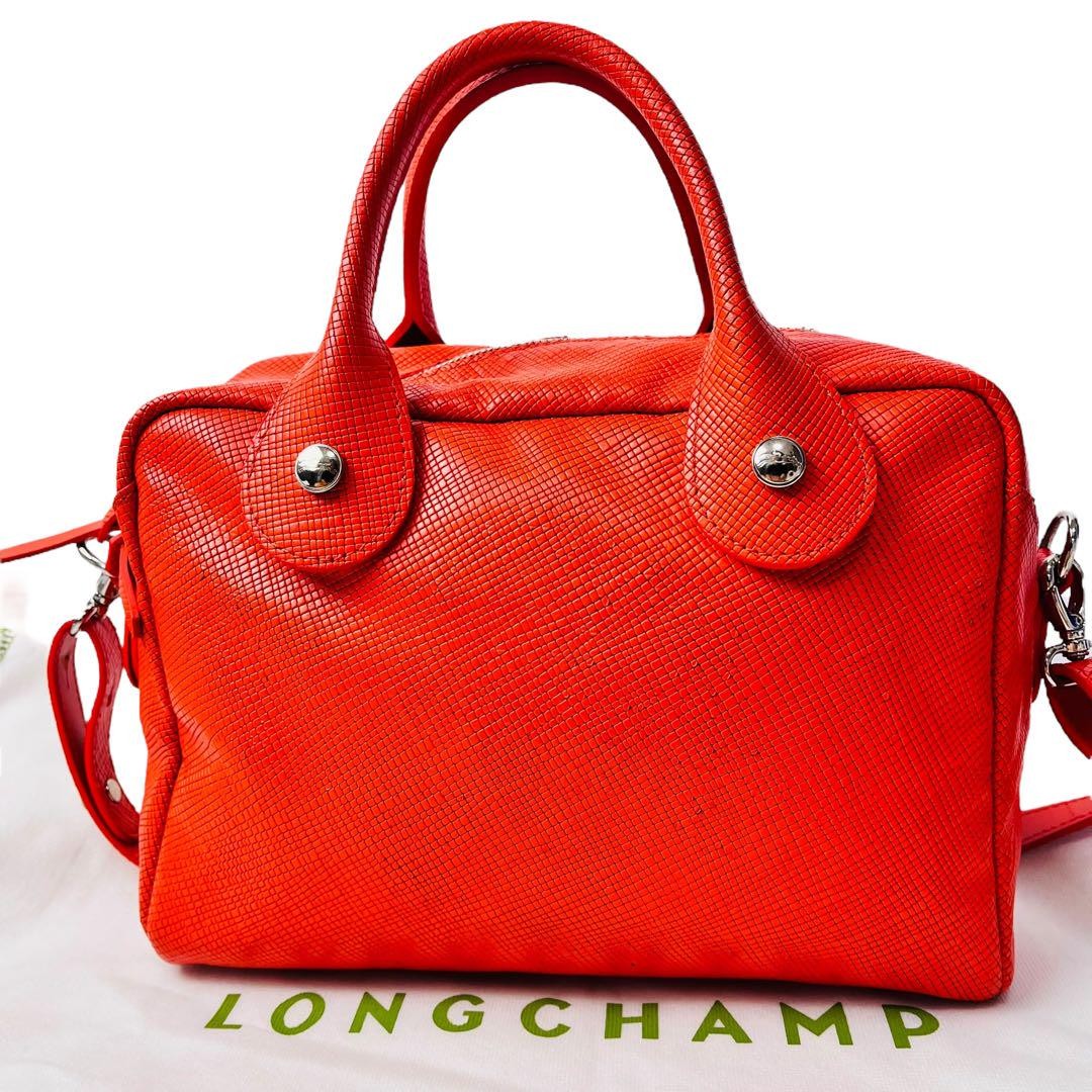 Longchamp Hand Shoulder Bag Tote Purse 2way Leather Orange Authentic