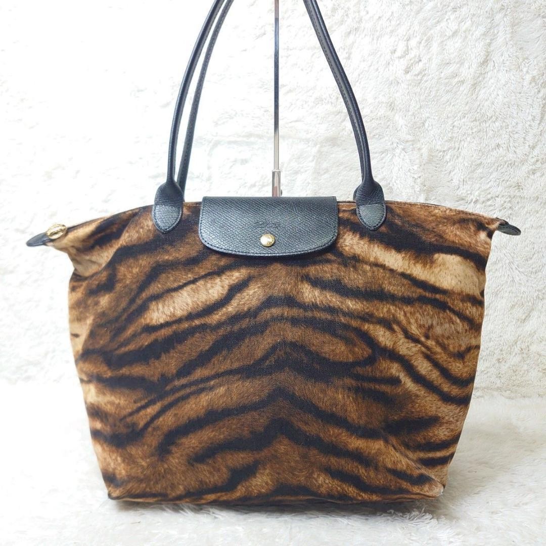 Longchamp Hand Bag Tote Purse Le Pliage Leather Leopard Authentic