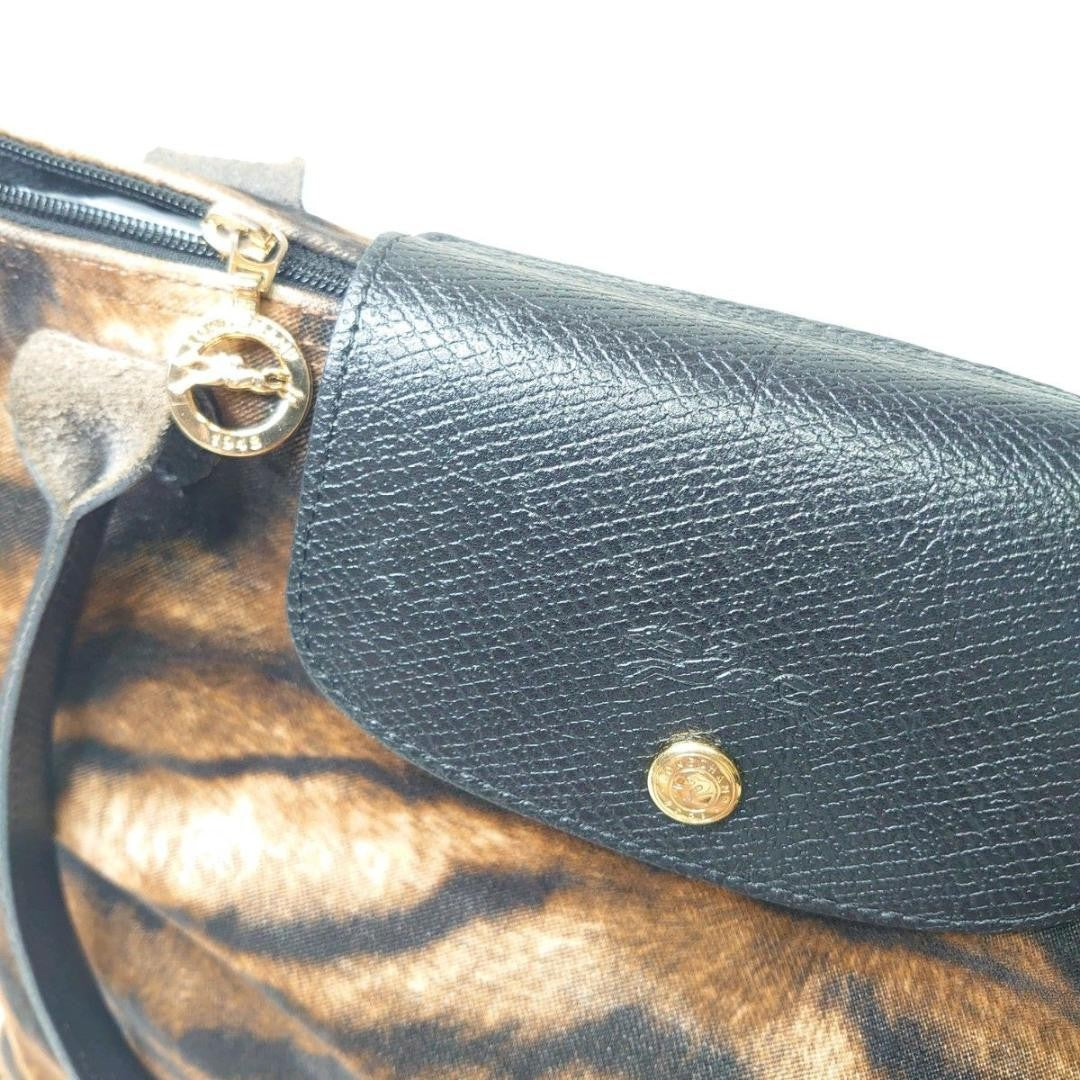 Longchamp Hand Bag Tote Purse Le Pliage Leather Leopard Authentic