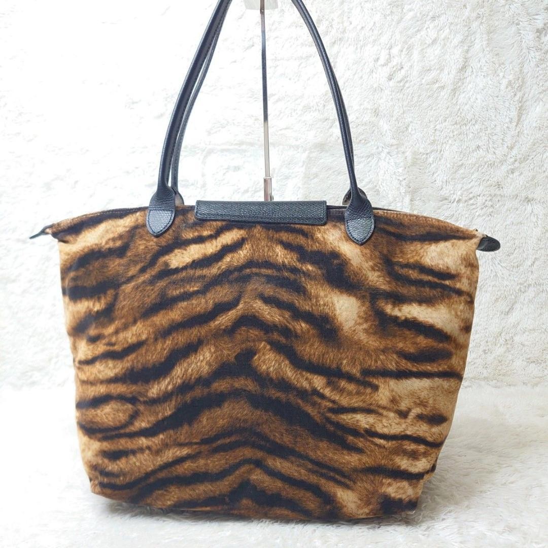 Longchamp Hand Bag Tote Purse Le Pliage Leather Leopard Authentic