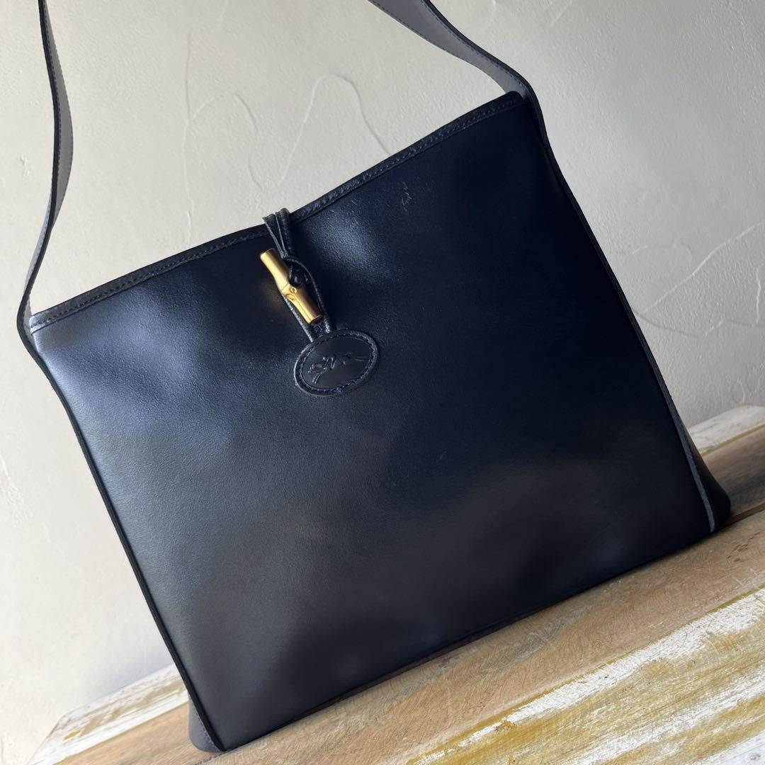 Longchamp Shoulder Bag Purse Leather Navy Authentic