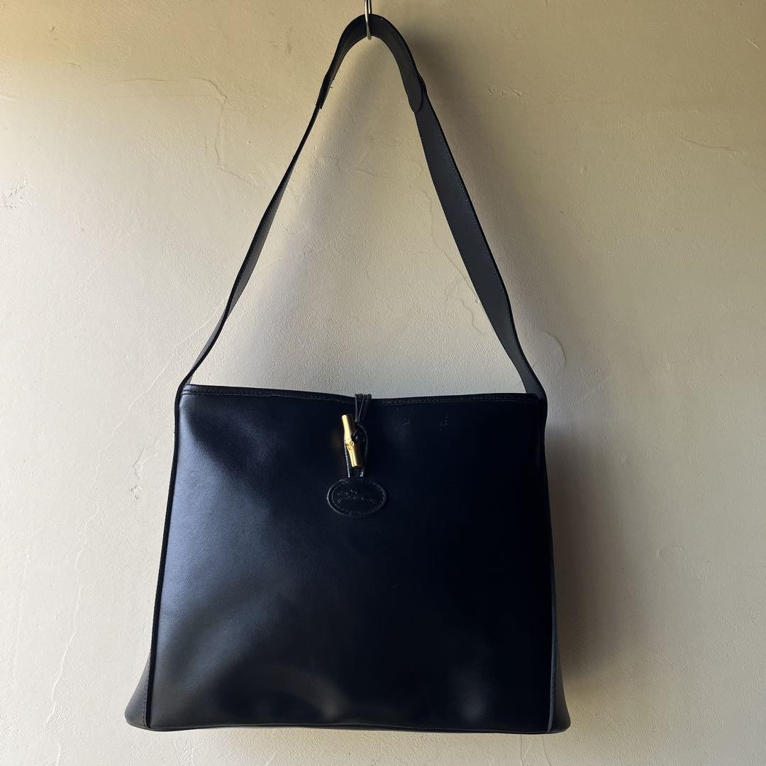 Longchamp Shoulder Bag Purse Leather Navy Authentic