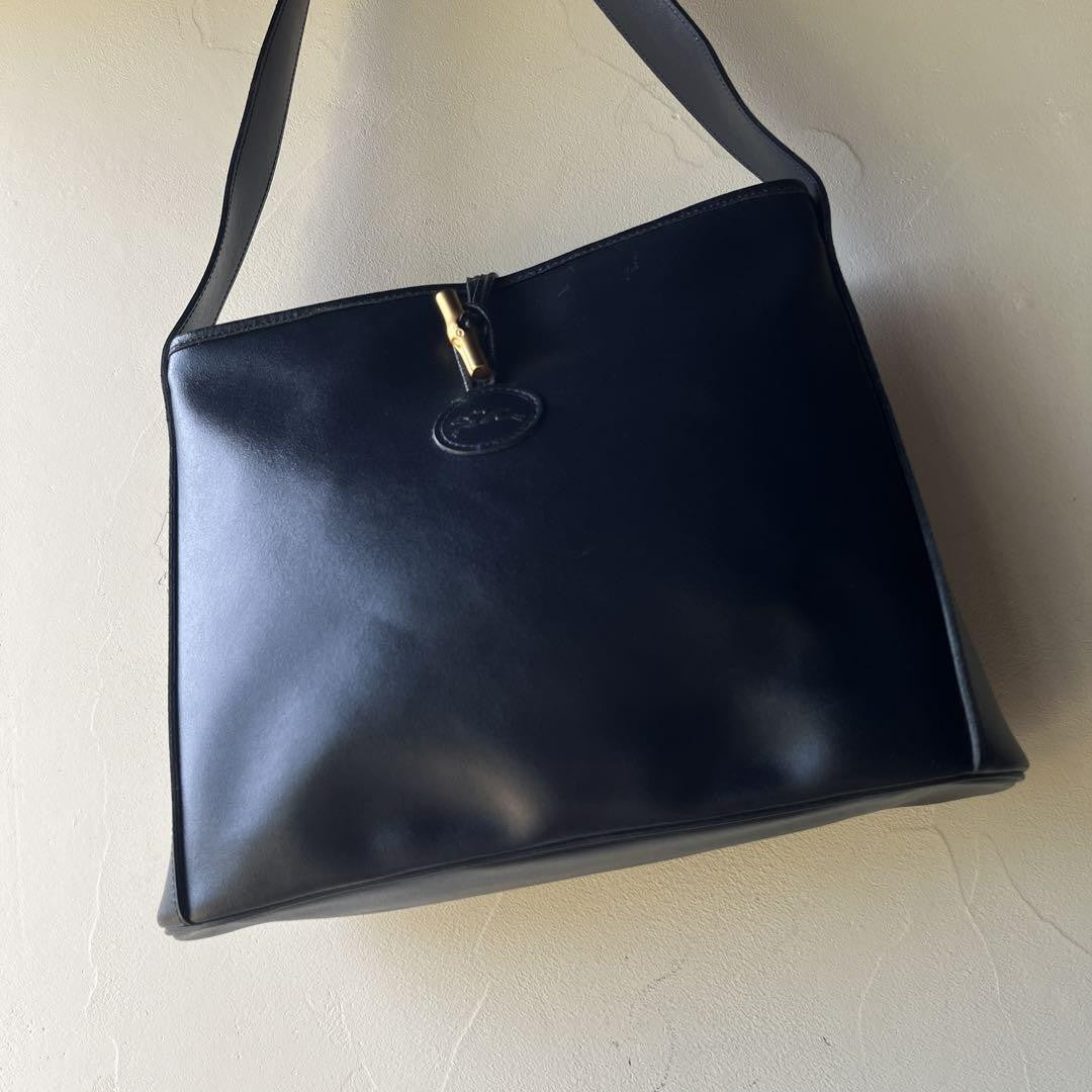 Longchamp Shoulder Bag Purse Leather Navy Authentic