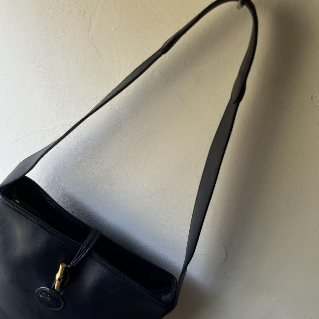 Longchamp Shoulder Bag Purse Leather Navy Authentic