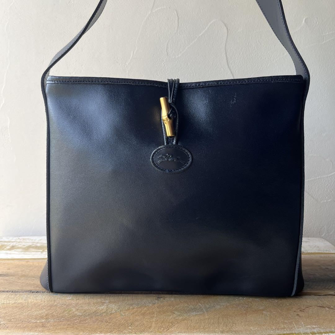 Longchamp Shoulder Bag Purse Leather Navy Authentic