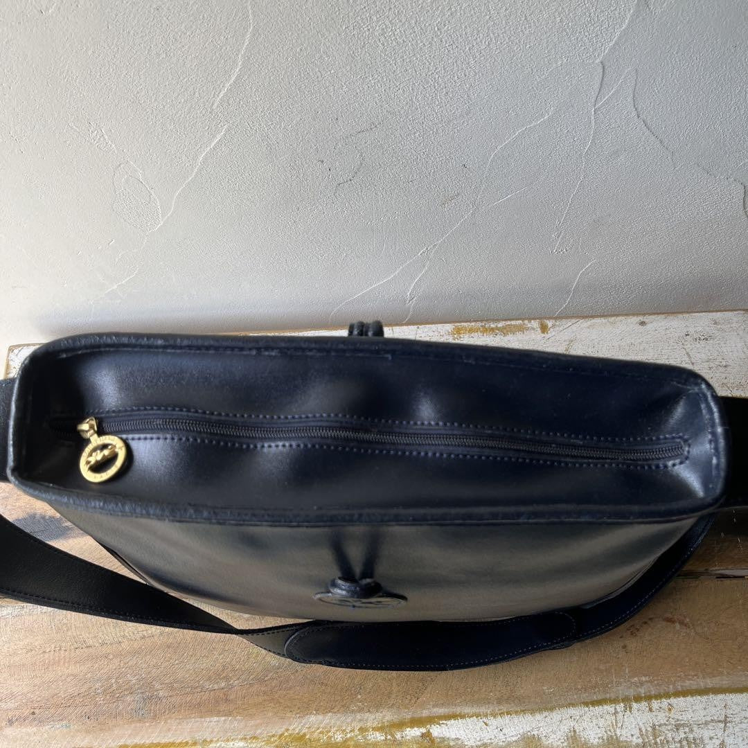 Longchamp Shoulder Bag Purse Leather Navy Authentic