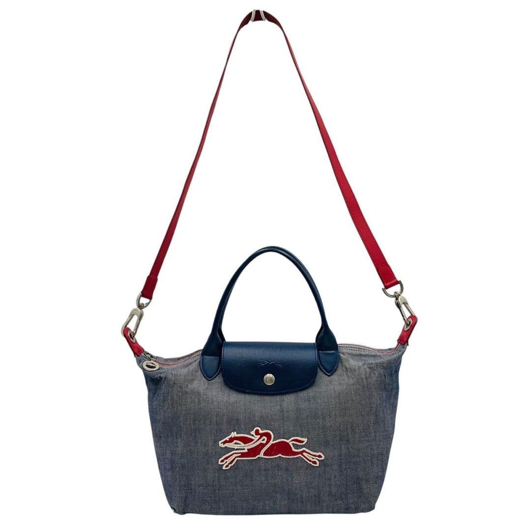 Longchamp Hand Shoulder Bag Purse 2way Le Pliage Leather Denim Navy Red Blue