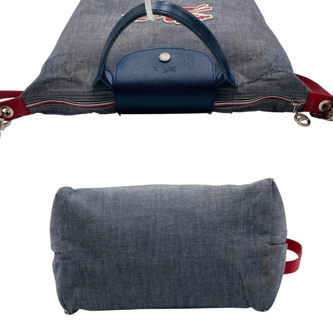 Longchamp Hand Shoulder Bag Purse 2way Le Pliage Leather Denim Navy Red Blue