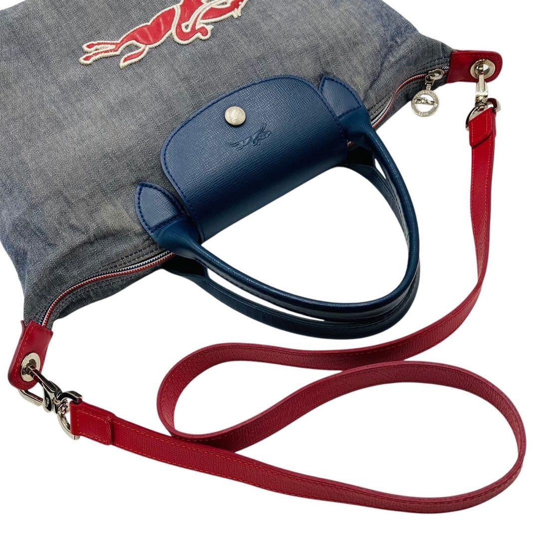 Longchamp Hand Shoulder Bag Purse 2way Le Pliage Leather Denim Navy Red Blue