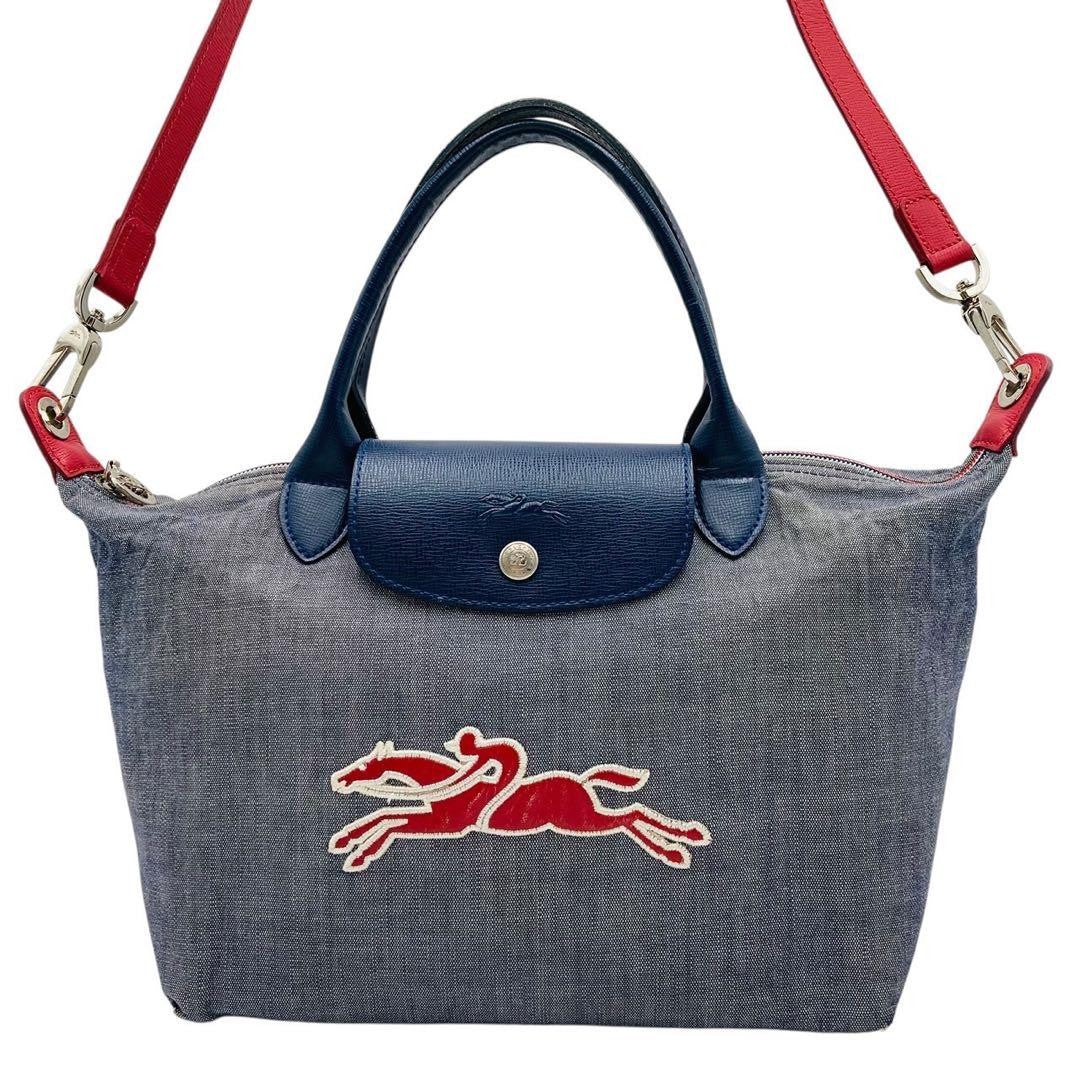Longchamp Hand Shoulder Bag Purse 2way Le Pliage Leather Denim Navy Red Blue