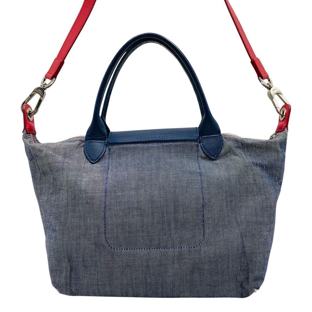 Longchamp Hand Shoulder Bag Purse 2way Le Pliage Leather Denim Navy Red Blue
