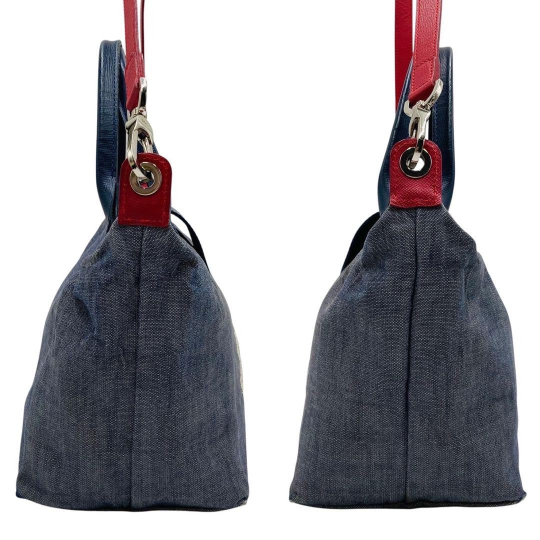 Longchamp Hand Shoulder Bag Purse 2way Le Pliage Leather Denim Navy Red Blue