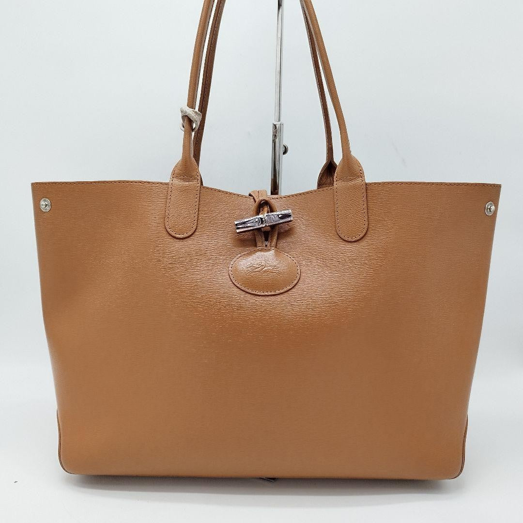Longchamp Hand Bag Tote Purse Leather Brown Beige Authentic