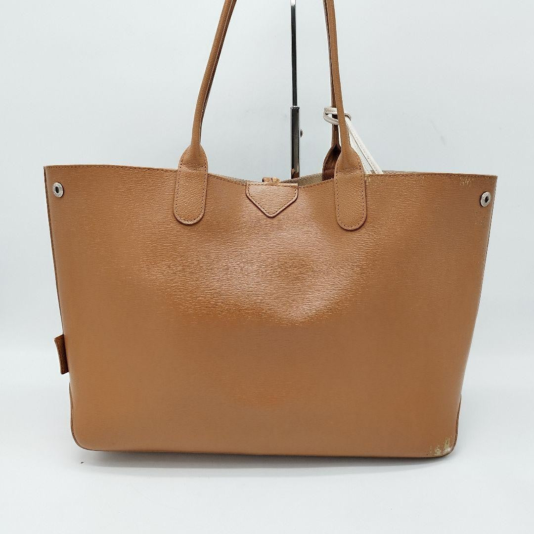 Longchamp Hand Bag Tote Purse Leather Brown Beige Authentic