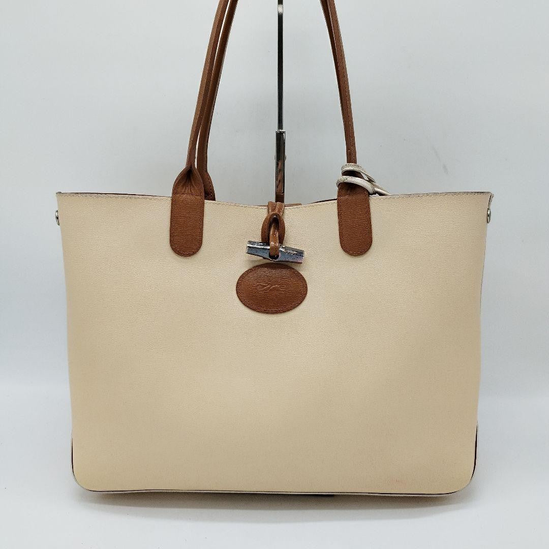Longchamp Hand Bag Tote Purse Leather Brown Beige Authentic