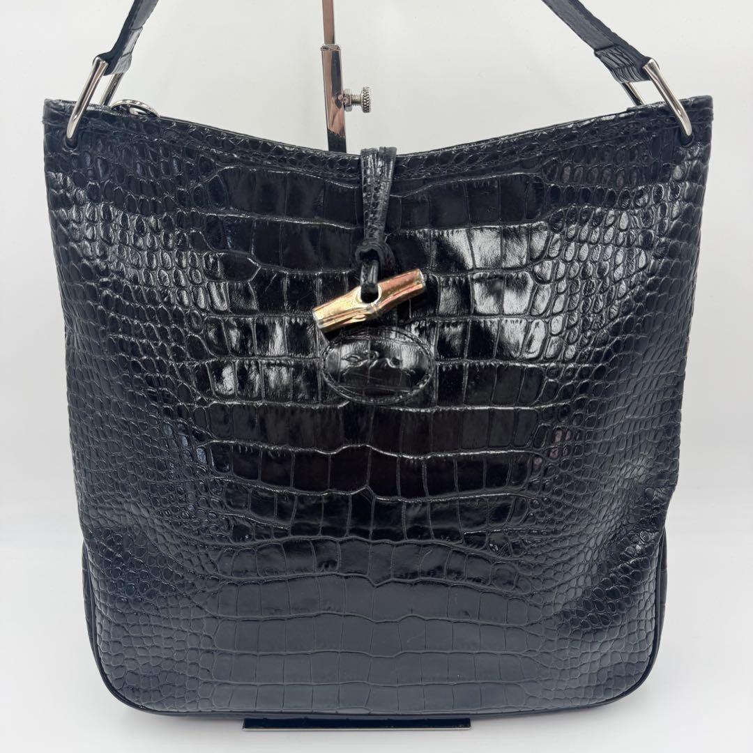 Longchamp Shoulder Bag Purse Leather Black Authentic