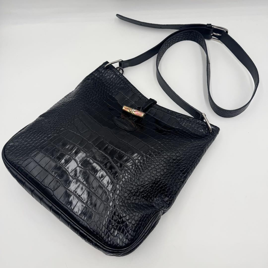 Longchamp Shoulder Bag Purse Leather Black Authentic